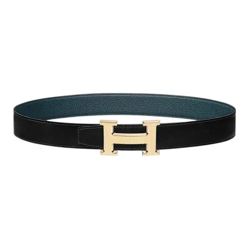 HERMES Comfortable Gold Buckle Togo Calfskin Double Sided Leather Waist Belt Men's Black Width  3.2CM