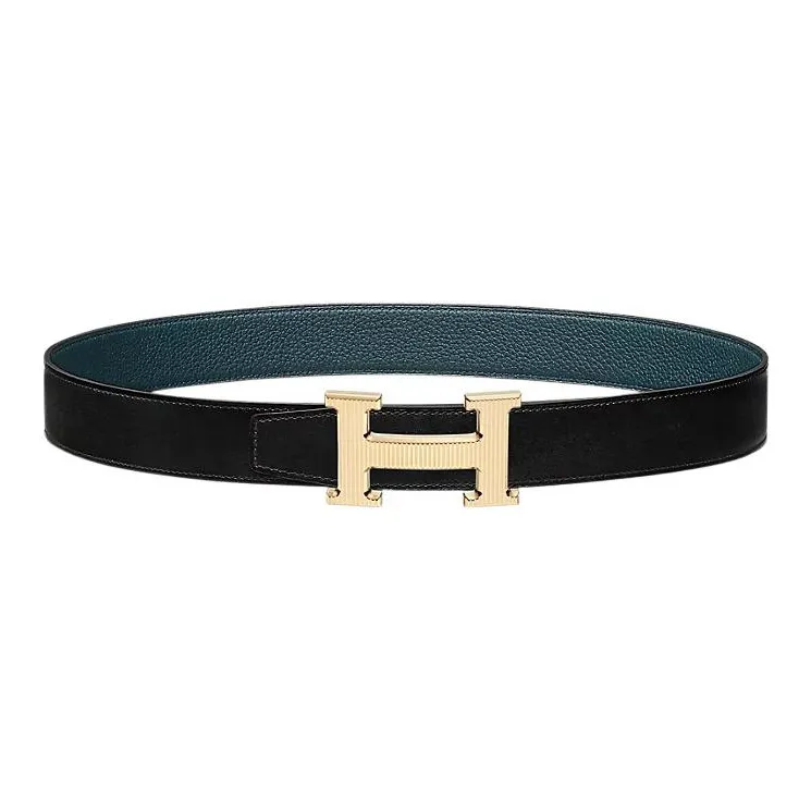 HERMES Double Sided Comfortable Gold Buckle Togo Calfskin Double Sided Leather Waist Belt Men's Black Width 3.2cm-0
