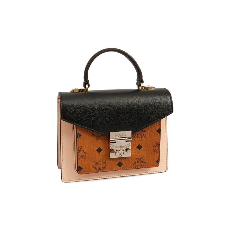 MCM Patricia Visetos Leather Satchel Bag Handbag Small Size Women's Black & Brown-1