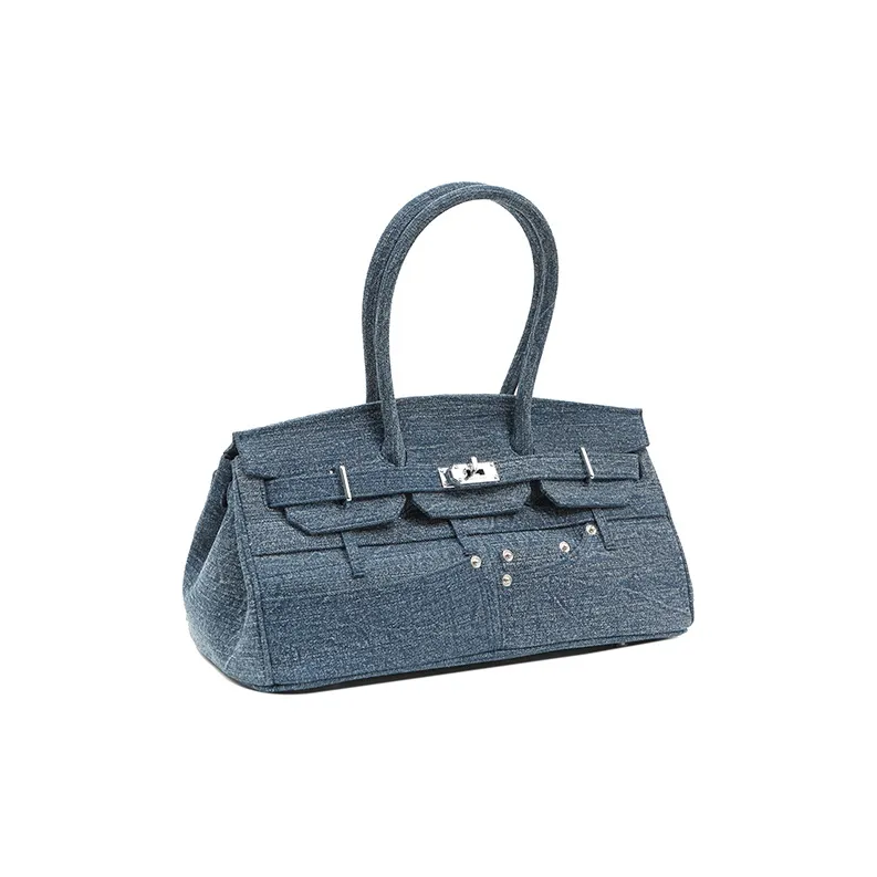 Margin Goods Yarn Fabric Handbag Large Size Women's Blue-1
