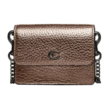 COACH Card Case Metal Polished Pebbled Leather Shoulder Bag Crossbody Bag Card Holder Small Size Women's Metal Bronze