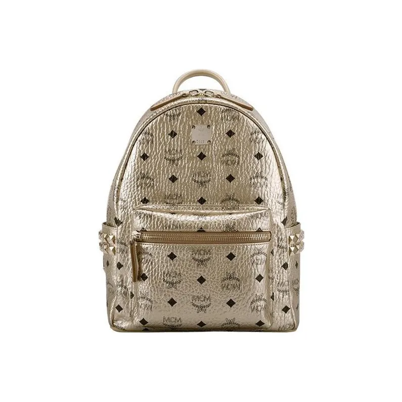 MCM Stark Visetos Leather Backpack Unisex Gold-0