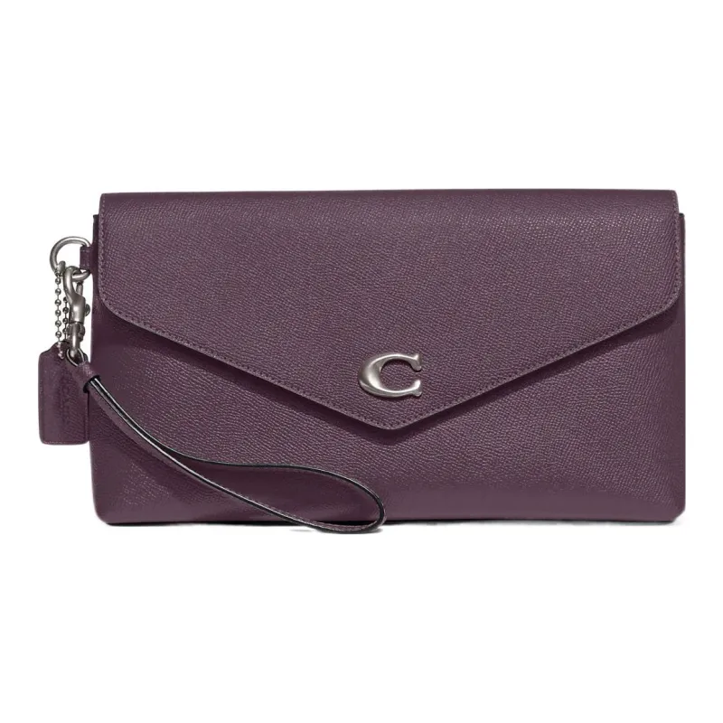 COACH Wyn Cross-Stitch Leather Wrist Bags Clutches Large Size Women's Dark Purple-0