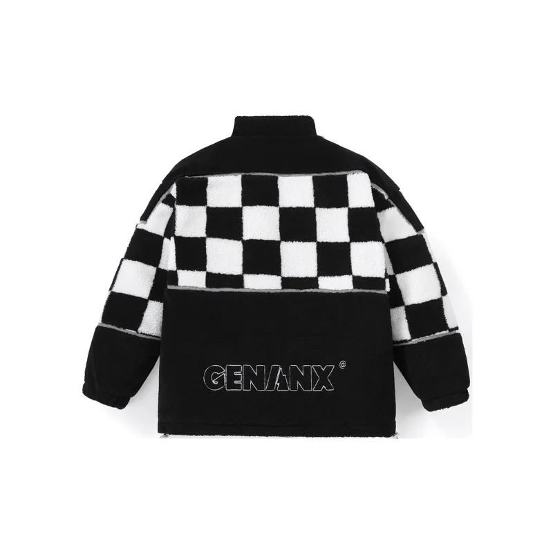 GENANX Letter Plaid Stand Collar Loose Fit Puffer Jacket Unisex-2