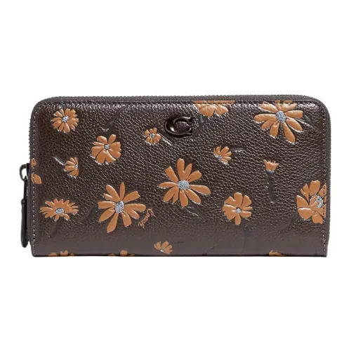 COACH Accordion Zip Glossy Pebbled Leather Card Holder Wallet Women's Dark Brown