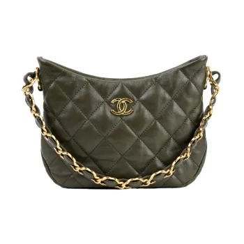 CHANEL Sheepskin Hobo Shoulder Bag, Hippie Handbag Trumpets Women's Green