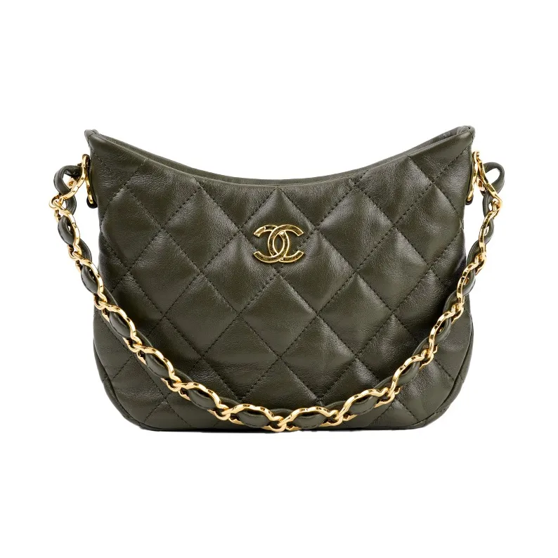CHANEL Sheepskin Hobo Shoulder Bag, Hippie Handbag Trumpets Women's Green-0