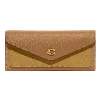 COACH Wyn Cross-Stitch Leather Card Holder Wallet Women's Light Camel