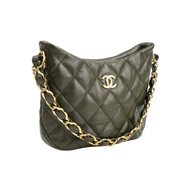 CHANEL Sheepskin Hobo Shoulder Bag, Hippie Handbag Trumpets Women's Green-1