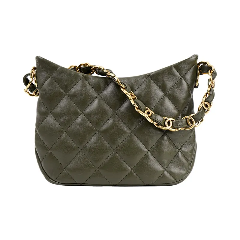 CHANEL Sheepskin Hobo Shoulder Bag, Hippie Handbag Trumpets Women's Green-2