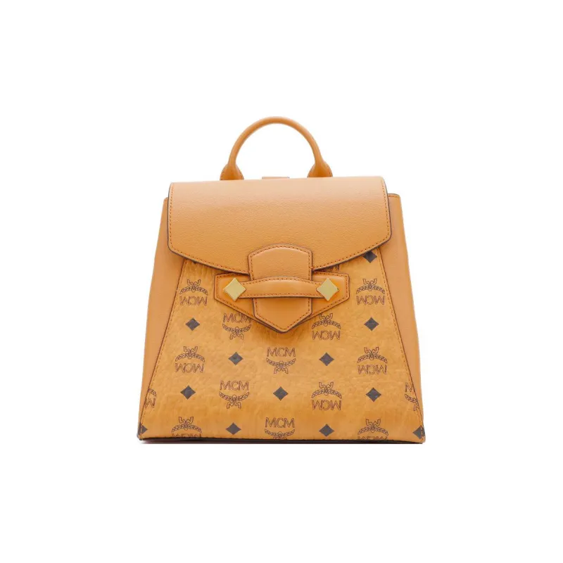 MCM Essential Visetos Origina Leather Backpack Small Size Women's Cognac-0