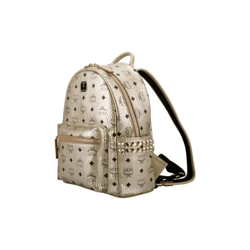 MCM Stark Visetos Leather Backpack Unisex Gold-1