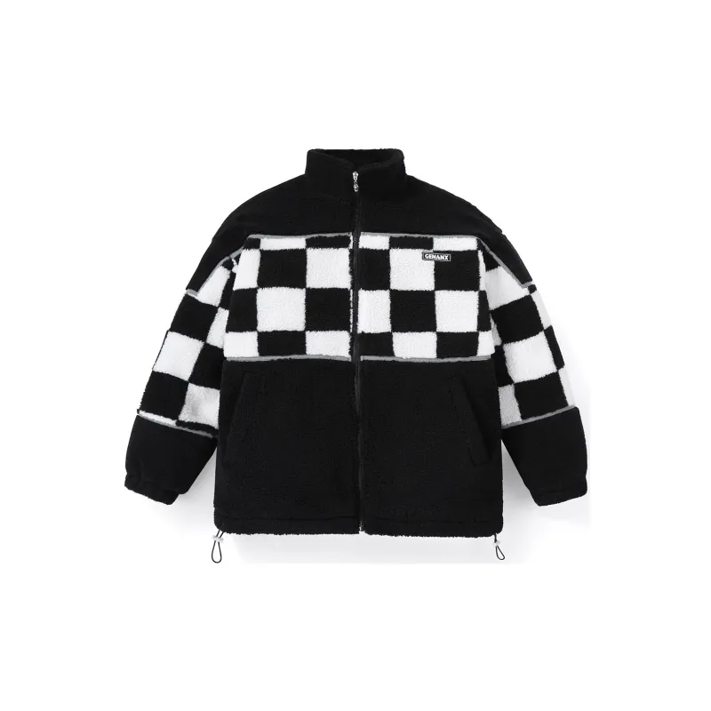 GENANX Letter Plaid Stand Collar Loose Fit Puffer Jacket Unisex-1