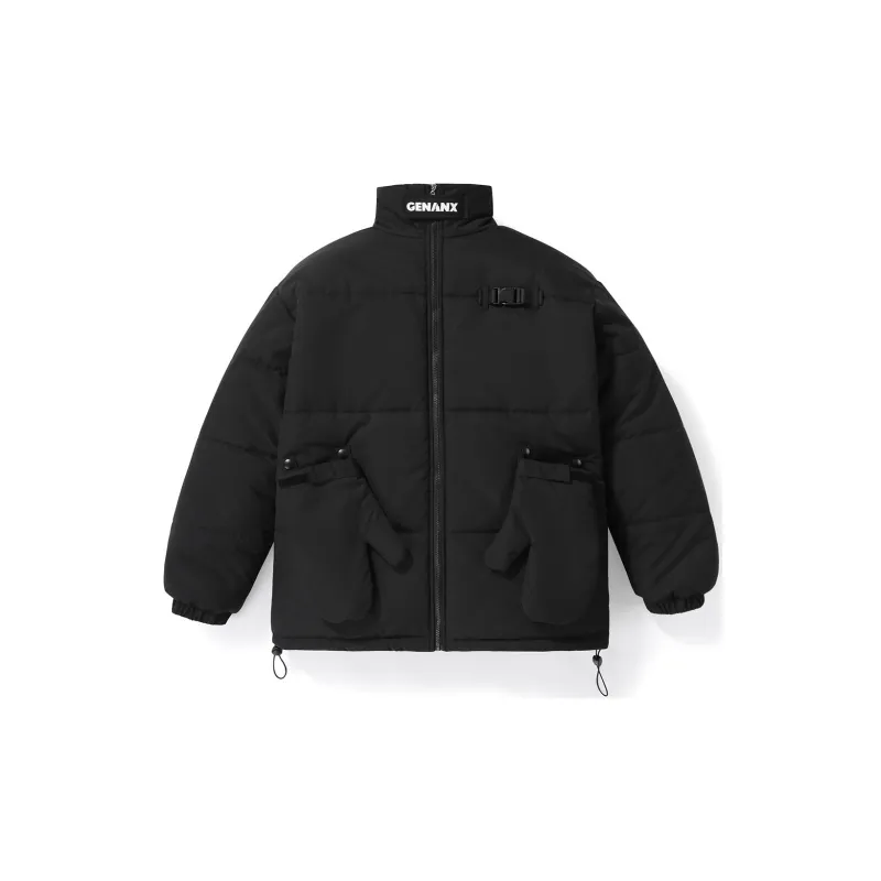 GENANX Solid Color Stand Collar Loose Fit Thickened Puffer Jacket Unisex-1