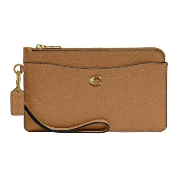 COACH Wristlet Glossy Pebbled Leather Card Holders Wrist Bags Clutches Small Size Women's Camel Brown