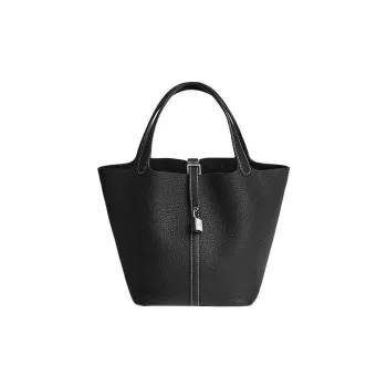 HERMES Picotin Clemence Bullock Leather Basket Bag Handbag Bucket Bag 22 Women's Noir Black