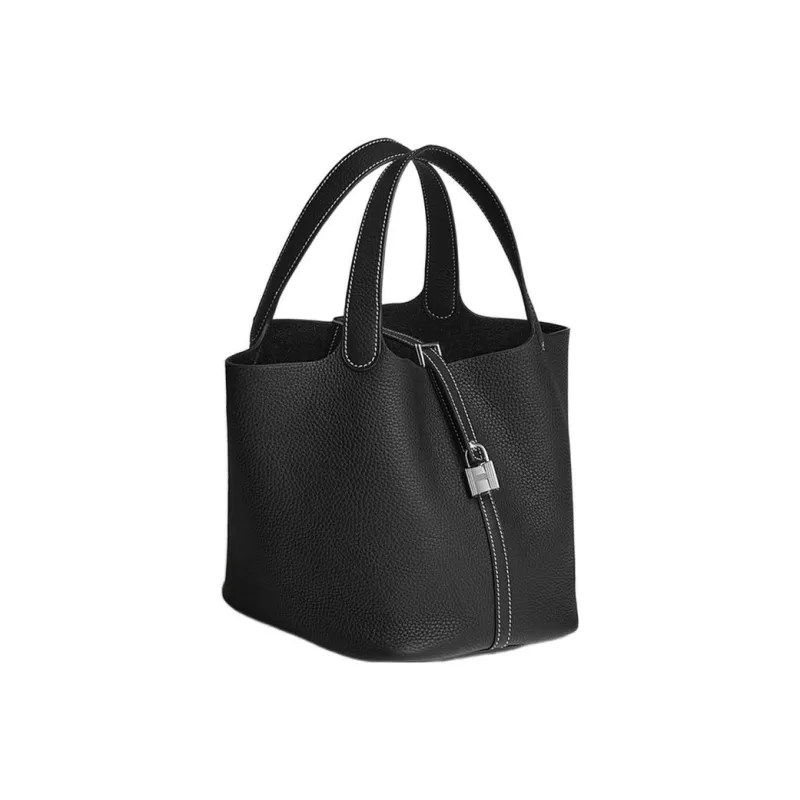 HERMES Picotin Clemence Bullock Leather Basket Bag Handbag Bucket Bag 22 Women's Noir Black-1