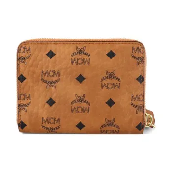MCM Essential Visetos Origina Leather Paneled Canvas Wallet Unisex Cognac