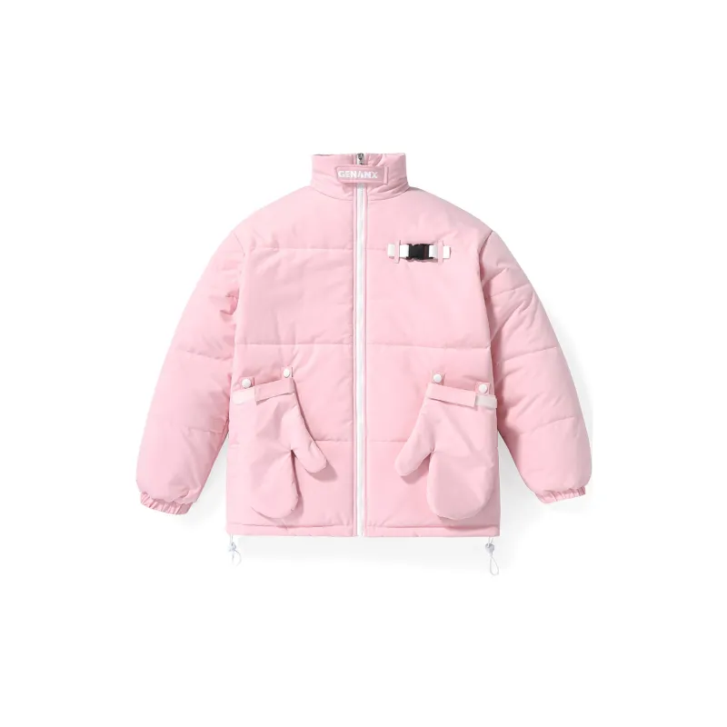 GENANX Solid Color Stand Collar Loose Fit Thickened Puffer Jacket Unisex-7