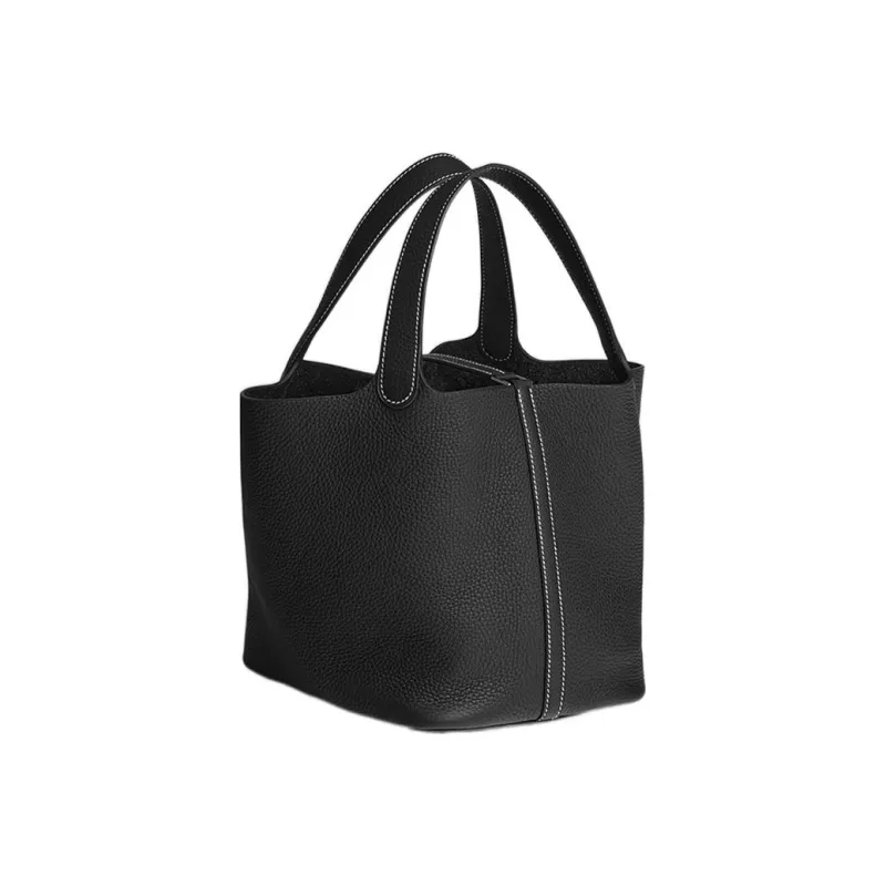 HERMES Picotin Clemence Bullock Leather Basket Bag Handbag Bucket Bag 22 Women's Noir Black-2
