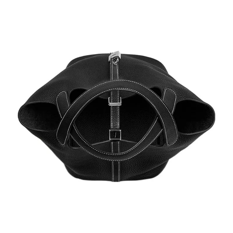 HERMES Picotin Clemence Bullock Leather Basket Bag Handbag Bucket Bag 22 Women's Noir Black-3