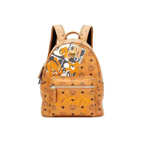 MCM Stark Visetos Fabric With Leather Backpack Unisex Cognac