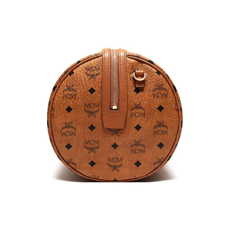 MCM Klassik Visetos Artificial Leather One Shoulder Portable Cylinder Crossbody Bag Small Size Men's Cognac-2