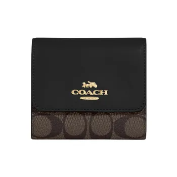 COACH Trifold Wallet Canvas With Leather Card Holder, Wallet Small Size Women's Brown & Black