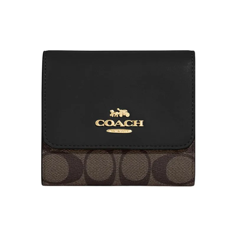 COACH Trifold Wallet Canvas With Leather Card Holder, Wallet Small Size Women's Brown & Black-0