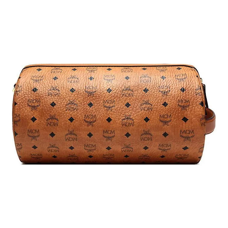MCM Klassik Visetos Artificial Leather One Shoulder Portable Cylinder Crossbody Bag Small Size Men's Cognac-3