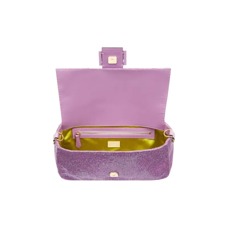 FENDI Baguette Fabric Cow Leather Patchwork Portable Crossbody Bag Shoulder Bag Regular Women's Light Purple-3