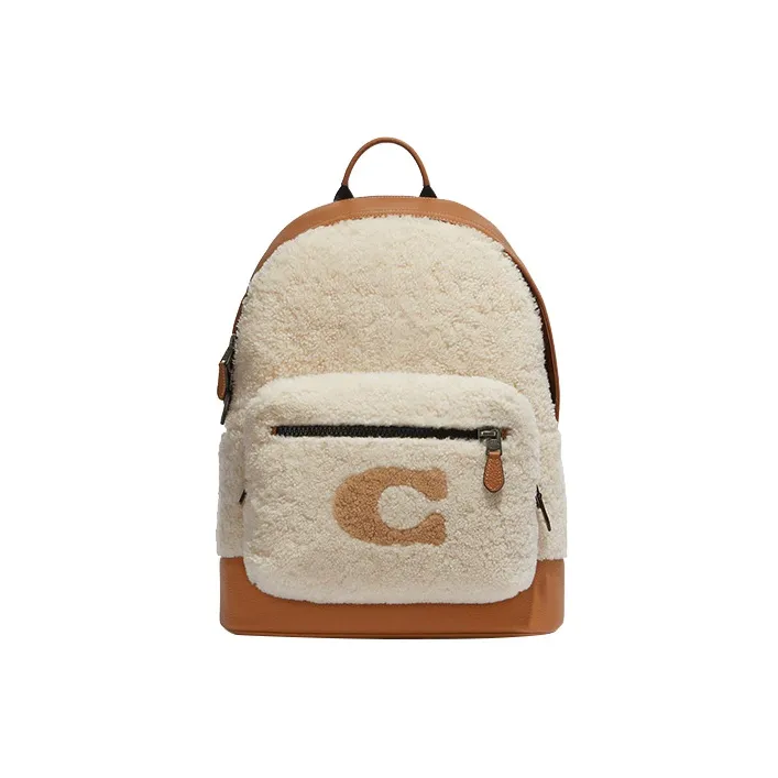 COACH West Shearling With Refined Pebbled Leather Backpack Tubas Women's White & Brown-0