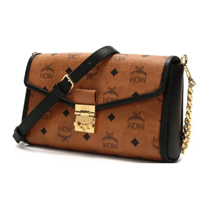 MCM Millie Visetos Leather Shoulder Bag, Crossbody Bag Medium Size Women's Brown Cognac-1