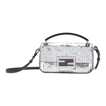 FENDI Baguette Fabric, Split Sheep Leather Handbag, Shoulder Bag, Crossbody Bag, Cell Phone Pouch Women's Silver