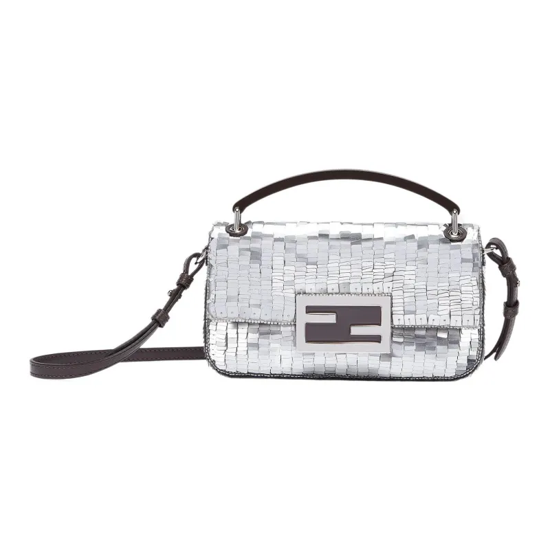 FENDI Baguette Fabric, Split Sheep Leather Handbag, Shoulder Bag, Crossbody Bag, Cell Phone Pouch Women's Silver-0