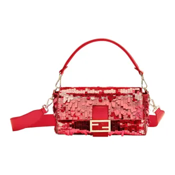 FENDI Baguette Fabric With Sheepskin Patchwork Portable Crossbody Bag Shoulder Bag Medium Size Women's Red