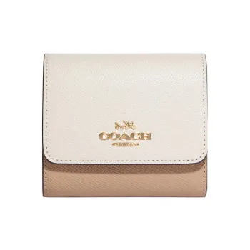 COACH Trifold Wallet Cross Stitch Leather Card Holder Wallet Small Size Women's Chalk White & Beige