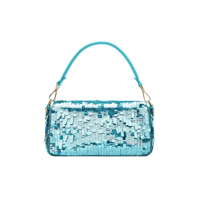 FENDI Baguette Fabric With Sheepskin Patchwork Portable Crossbody Bag Shoulder Bag Medium Size Women's Turquoise-1