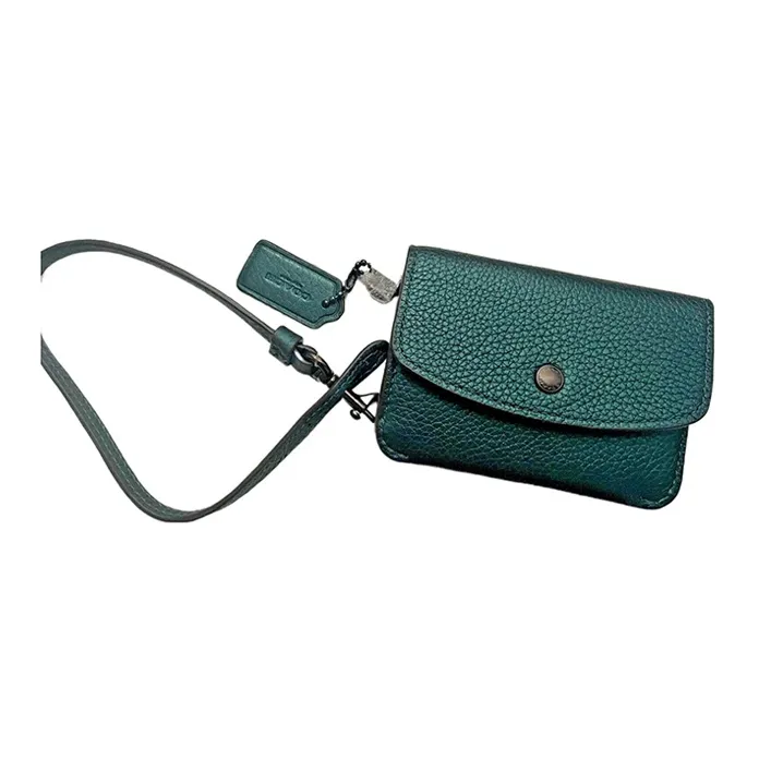 COACH Card Case Pebbled Leather Coin Purse, Wallet, Card Holder Mini Women's Green-1