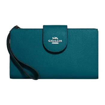 COACH Tech Wallet Cross-Stitch Leather Card Holder Wallet Women's Turquoise