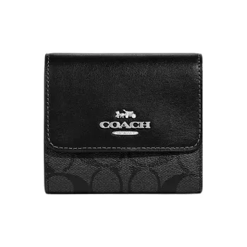 COACH Trifold Wallet Signature Coated Canvas With Smooth Leather Card Holder Wallet Small Size Men's Black