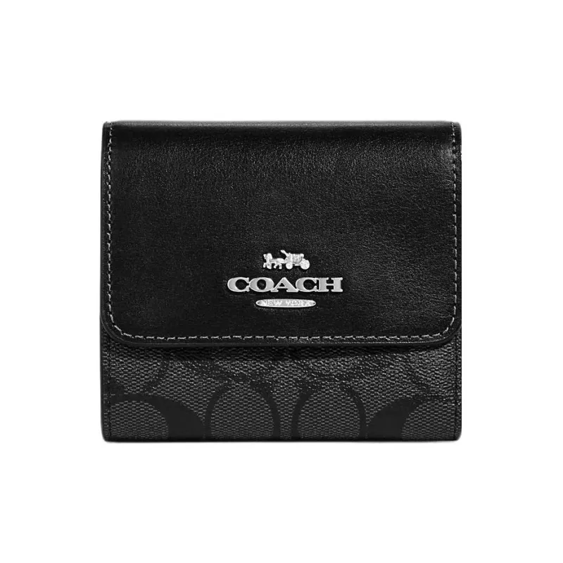 COACH Trifold Wallet Signature Coated Canvas With Smooth Leather Card Holder Wallet Small Size Men's Black-0