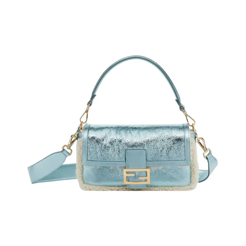 FENDI Baguette Shearling And Sheepskin Portable Crossbody Bag Shoulder Bag Women's Light Blue-0