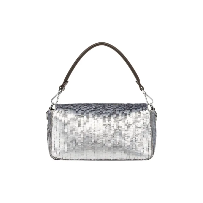 FENDI Baguette Fabric Bonded Sheepskin Split Leather Portable Crossbody Bag Shoulder Bag Women's Silver-2