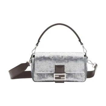 FENDI Baguette Fabric Bonded Sheepskin Split Leather Portable Crossbody Bag Shoulder Bag Women's Silver