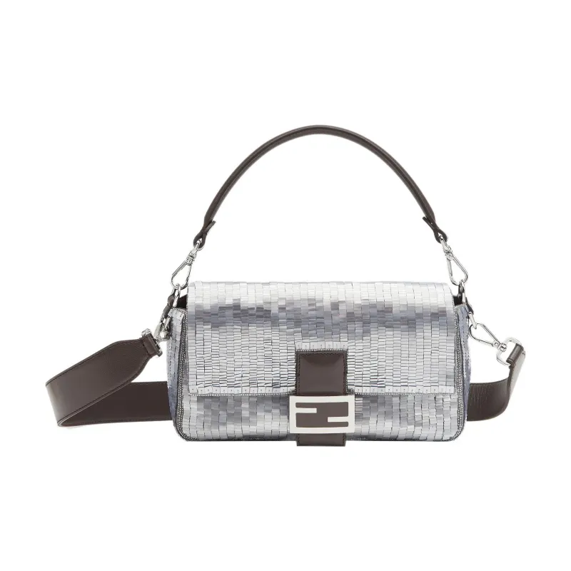 FENDI Baguette Fabric Bonded Sheepskin Split Leather Portable Crossbody Bag Shoulder Bag Women's Silver-0