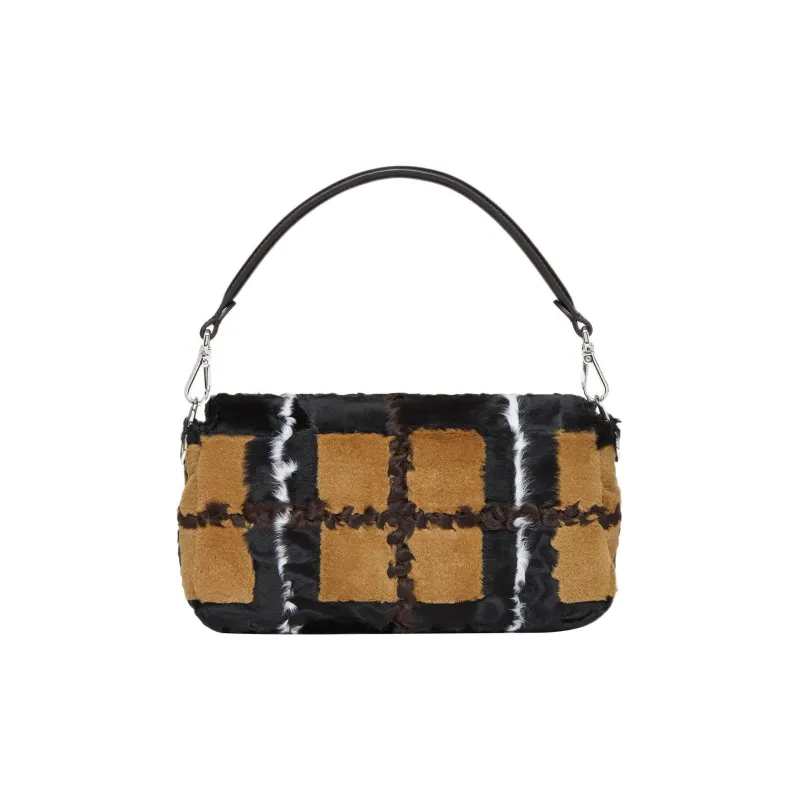 FENDI Baguette Mink Fur Cow Leather Patchwork Portable Crossbody Bag Shoulder Bag Women's Yellow/Black-1