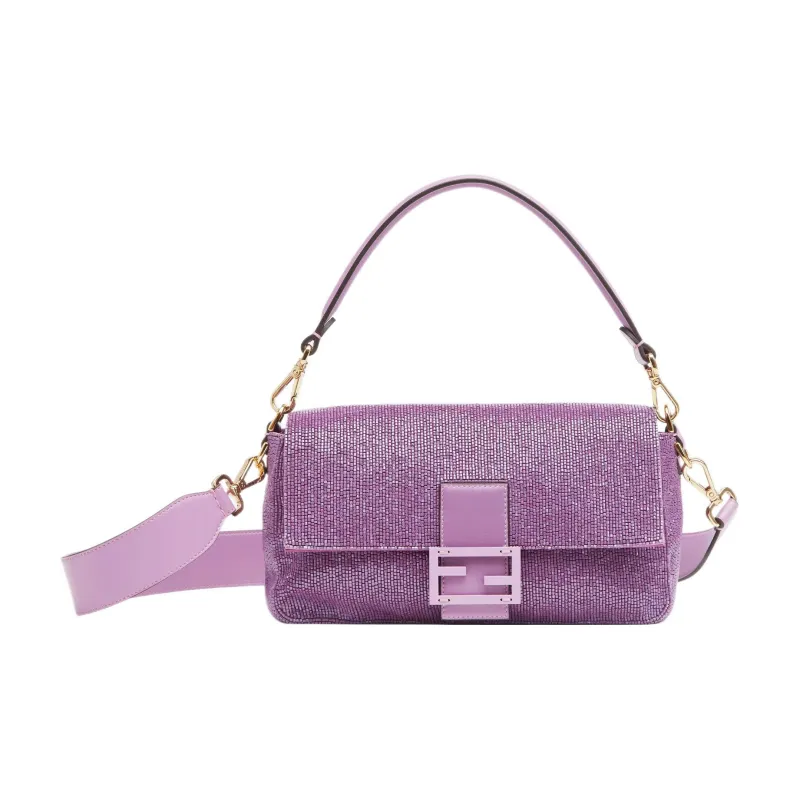 FENDI Baguette Fabric Cow Leather Patchwork Portable Crossbody Bag Shoulder Bag Regular Women's Light Purple-0
