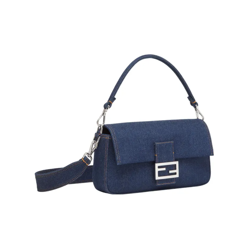 FENDI Baguette Fabric Denim Portable Crossbody Bag Shoulder Bag Women's Blue-2