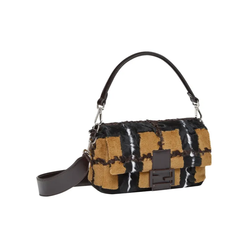 FENDI Baguette Mink Fur Cow Leather Patchwork Portable Crossbody Bag Shoulder Bag Women's Yellow/Black-2